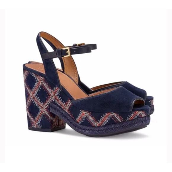 Tory Burch Trinity Platform Sandal 8.5 Blue Suede Embroidered Block Heel Boho - Picture 1 of 16